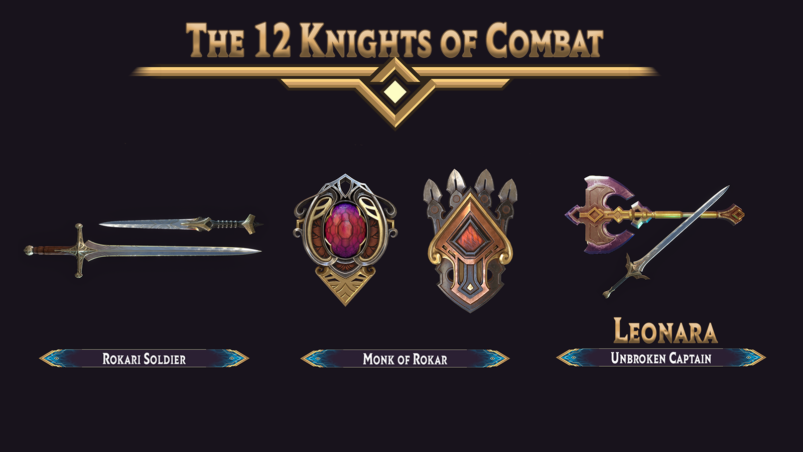 12 Knights of Combat graphic showing off three of the weapons and Knights of Until You Fall