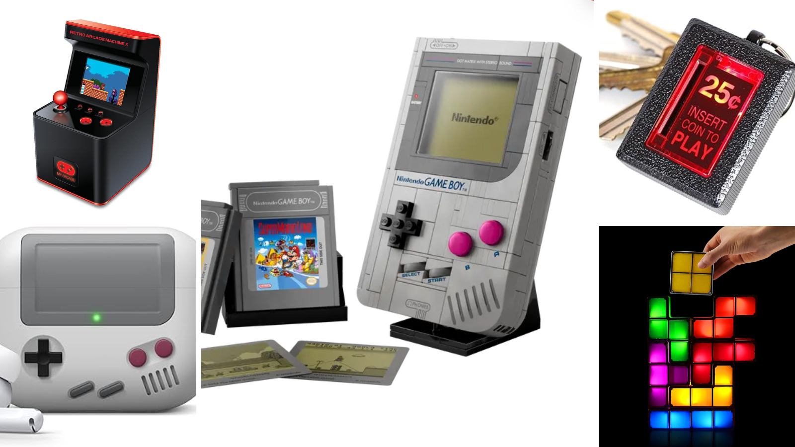 Retro gamer gift ideas like the new LEGO Game Boy, retro arcade machine and a Game Boy Airpods case