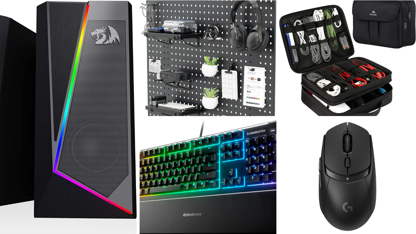 Competitive gaming photo college including a silent gaming keyboard, electronics organizer, desktop speakers and more