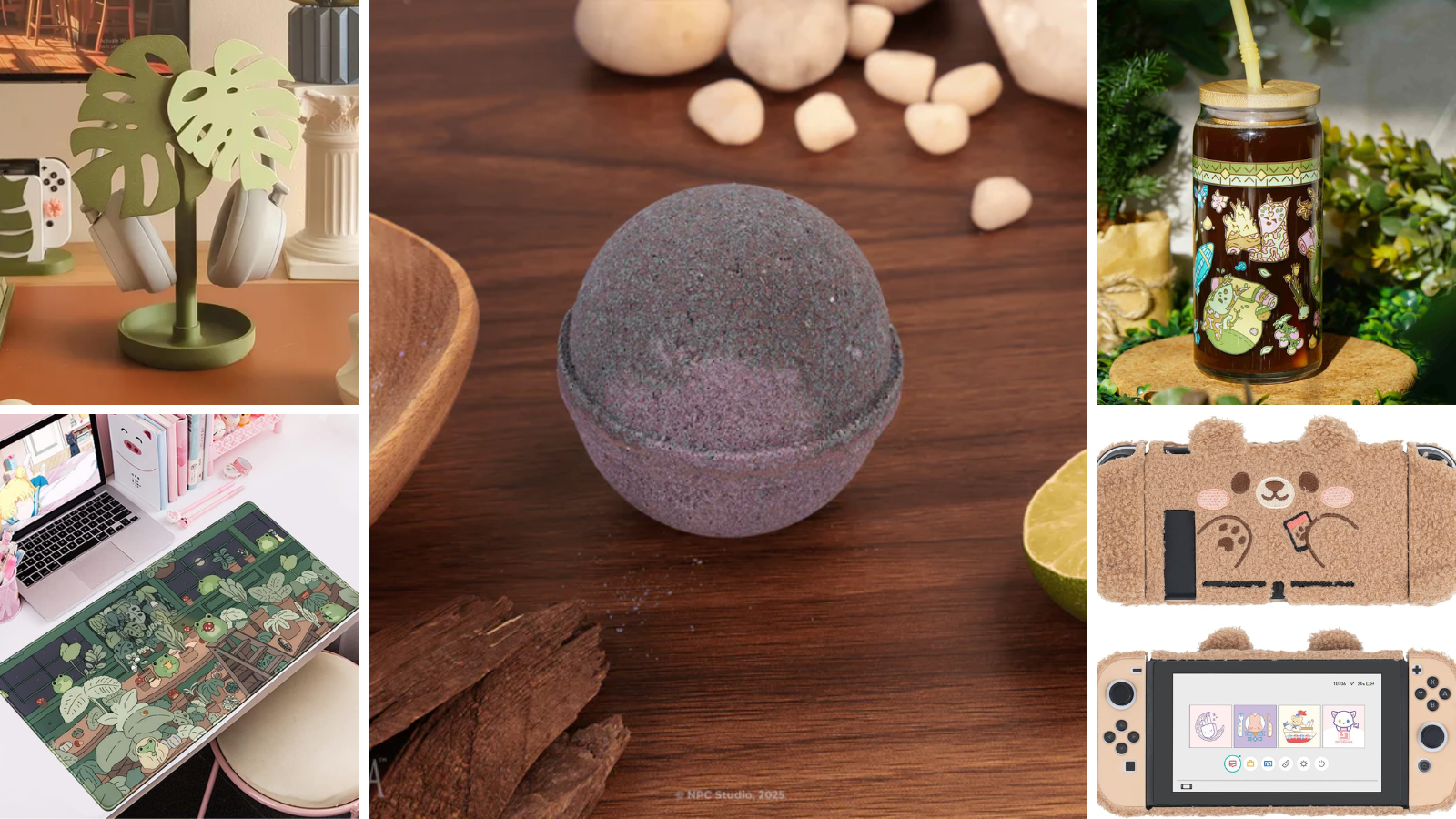 Collage of cozy game items including a plush Switch cover, Monstera headphone stand, bath bombs and a frog desk mat