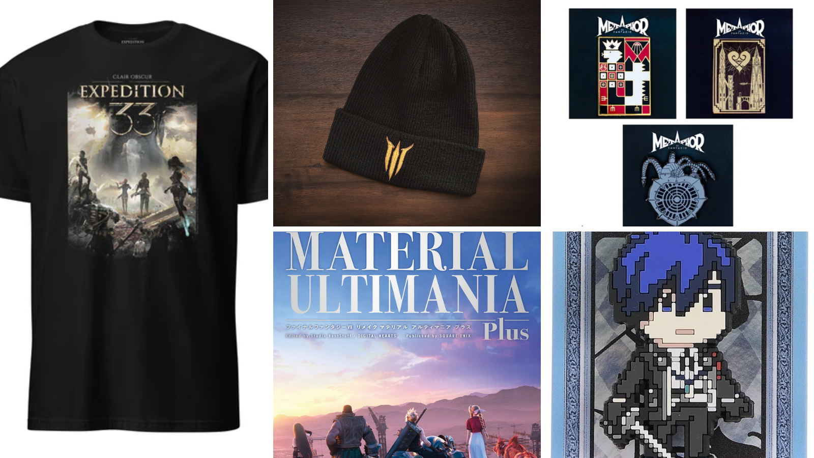 Collage of gift ideas for the RPG enthusiast including Expedition 33, Final Fantasy, Metaphor: Refantazio and Baldur's Gate 3 merch