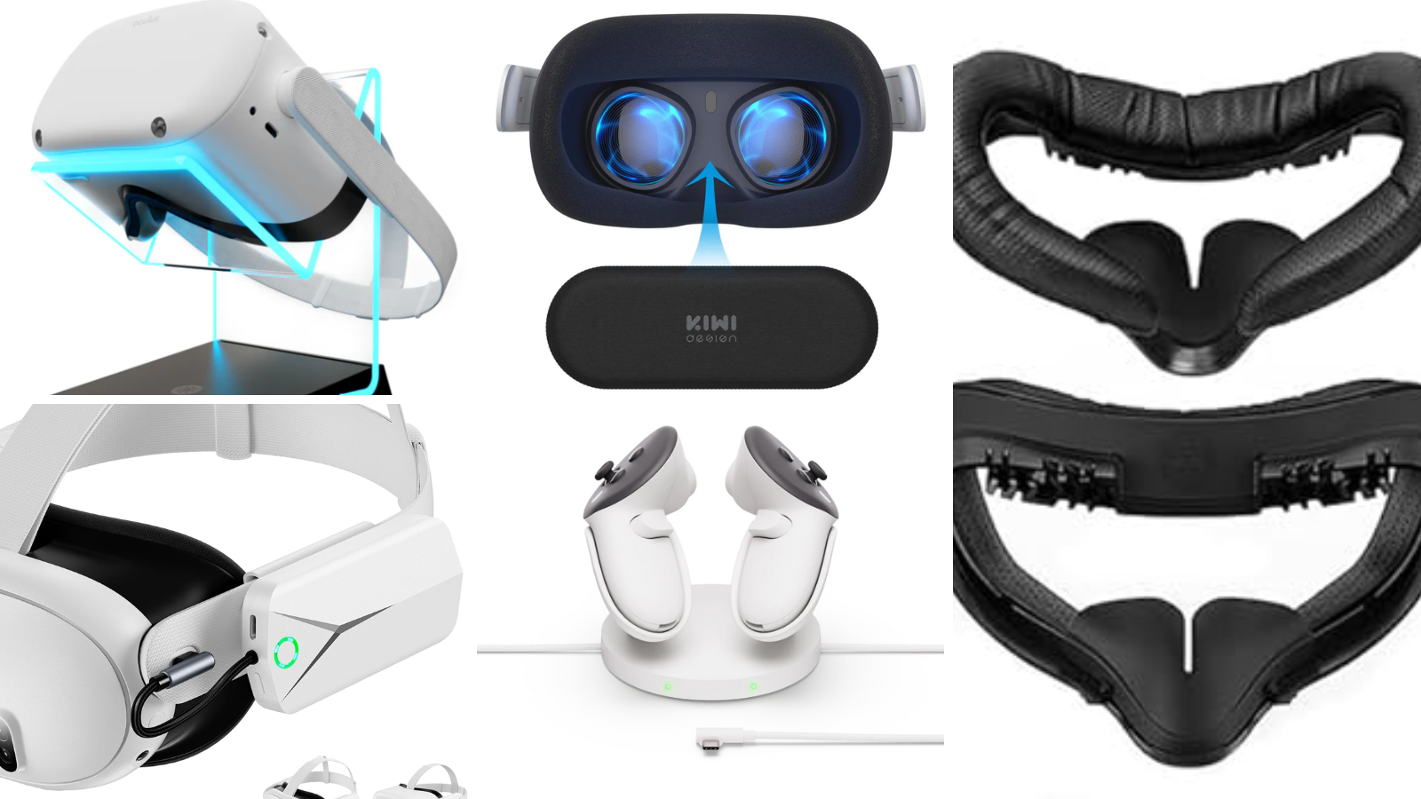 Gift idea collage showing photos of charging docks, display stands, lens protectors and more for the VR gamer