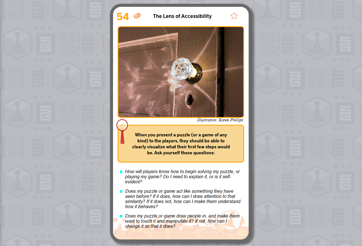 Screenshot of a door with a crystal doorknob reflecting lights for the Lens of Accessbility
