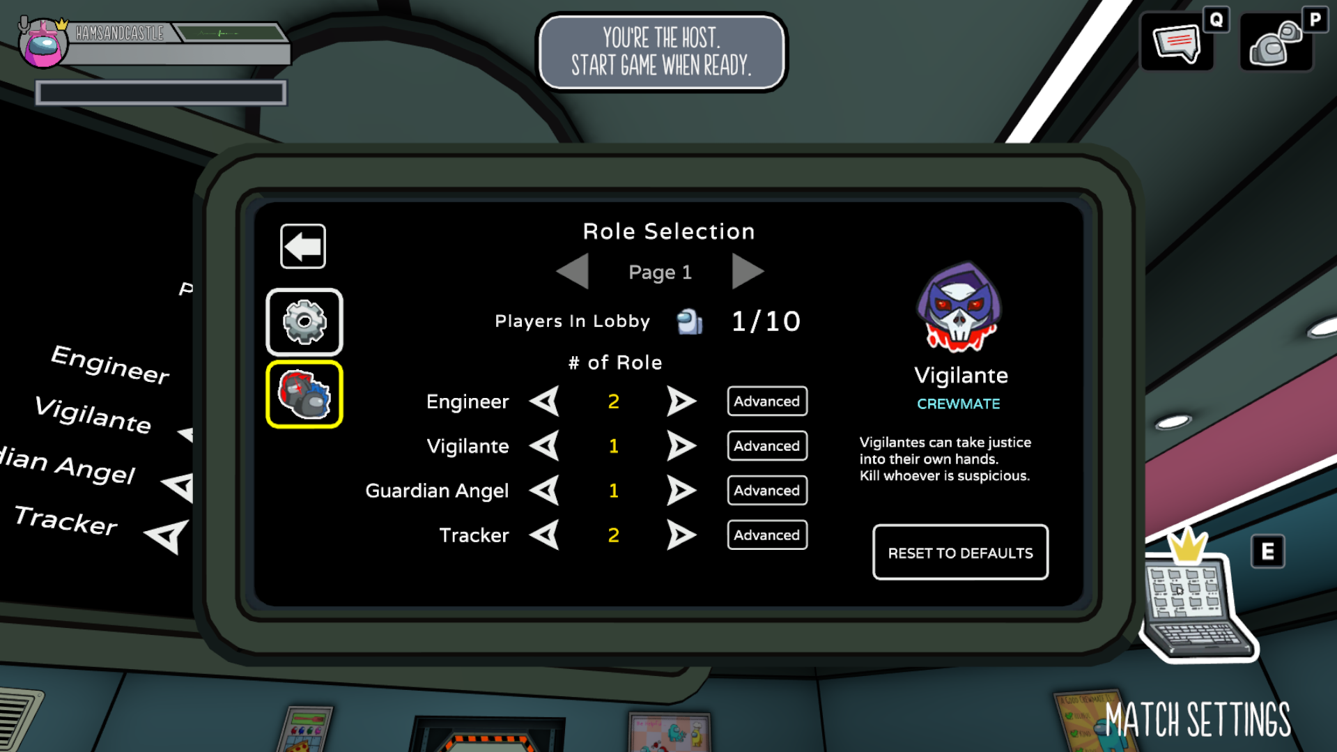 Among Us 3D role selection screen showing the Engineer, Vigilante, Guardian Angel, and Tracker