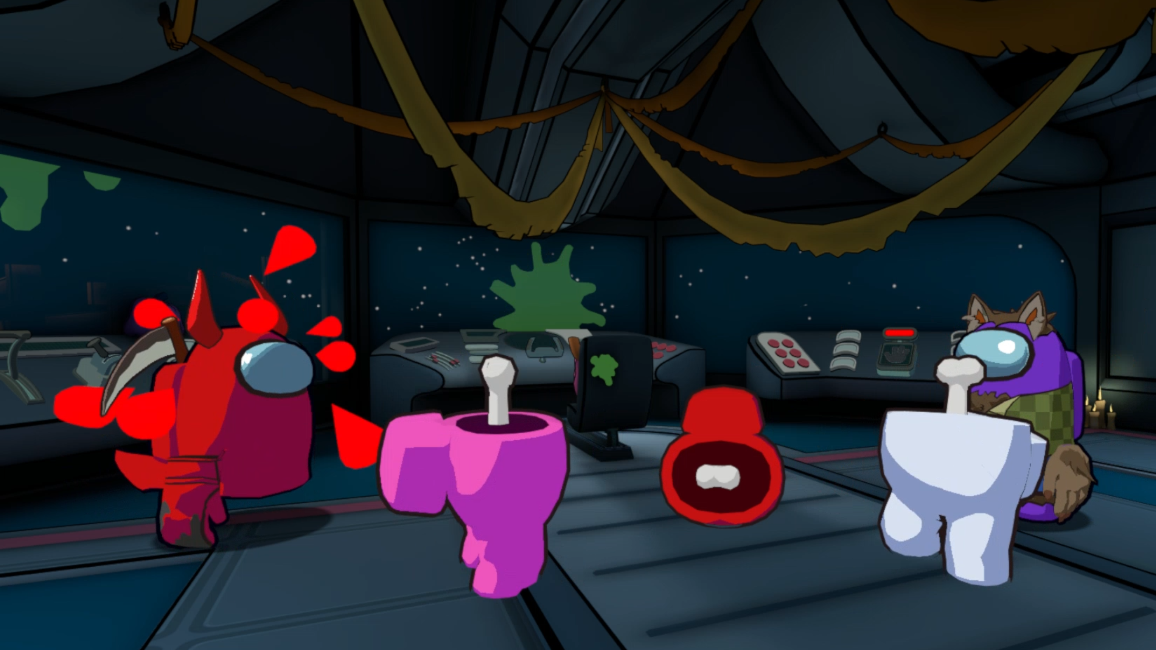 Screenshot of Among Us 3D showing a Wraith killing multiple Crewmates