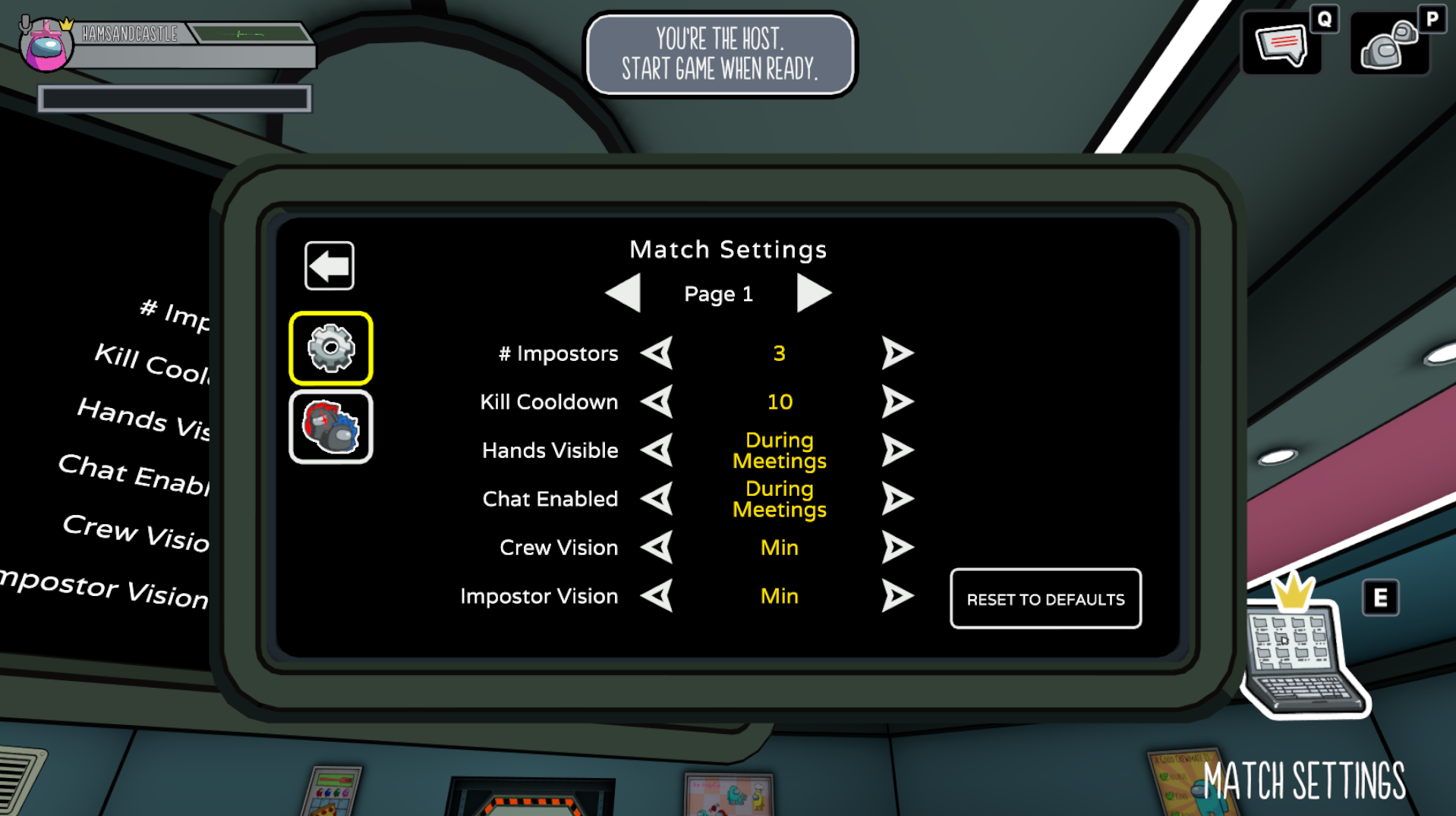 Screenshot in Among Us 3D showing basic match settings