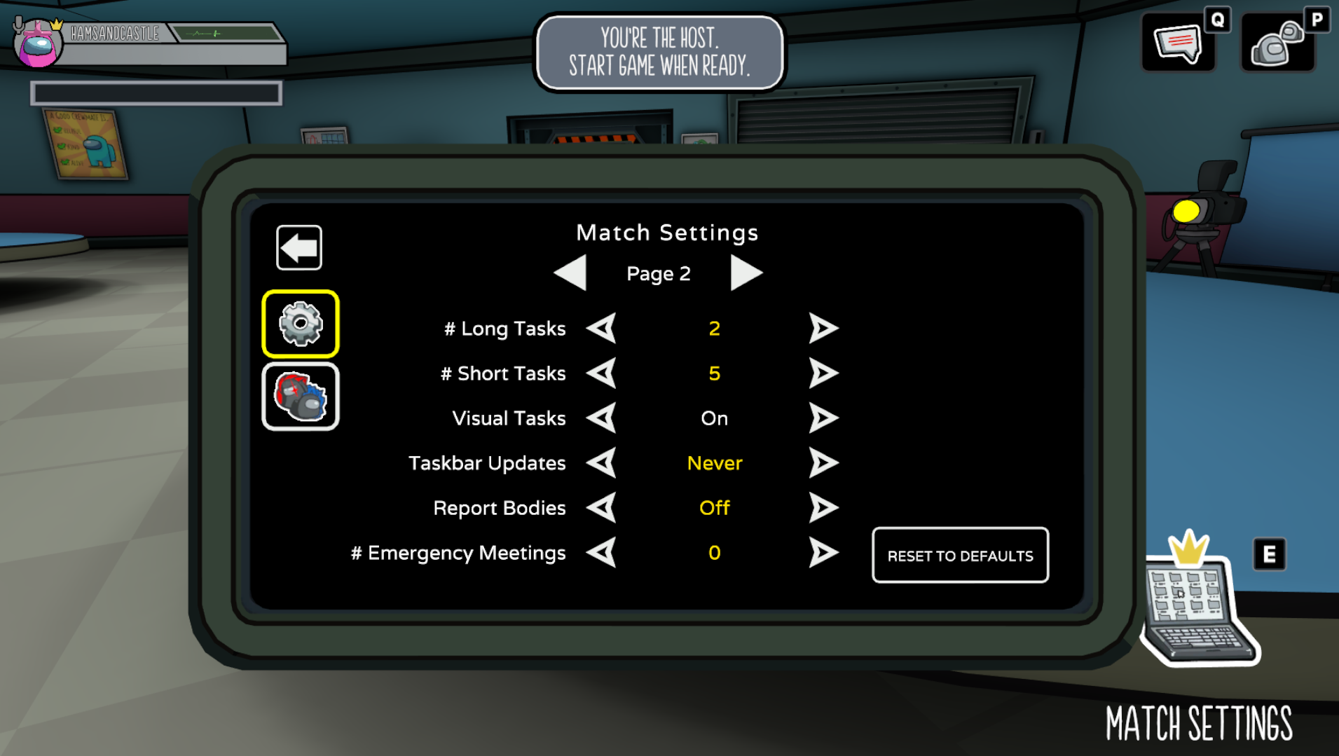 Among Us 3D screenshot showing additional match settings