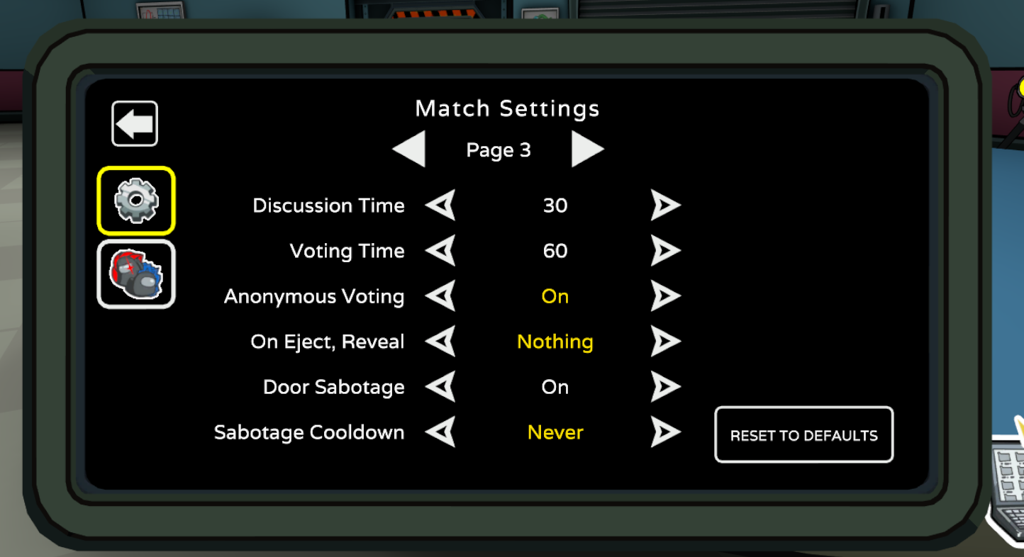 Votings and Sabotage settings menu in Among Us 3D
