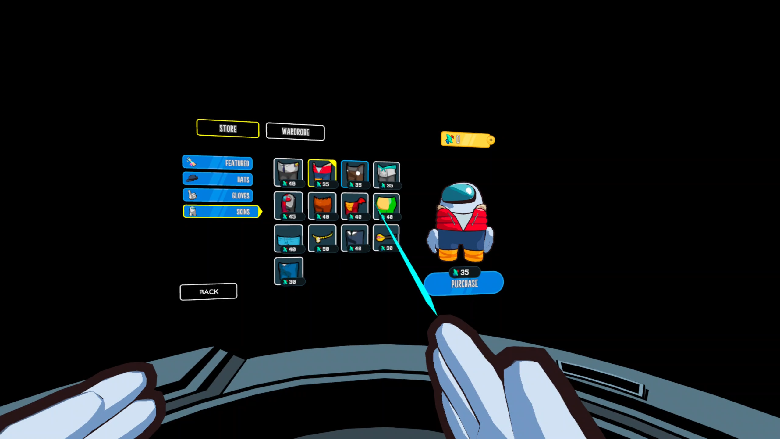 Among Us 3D store showing different hats, gloves and skins available for purchase using Stardust