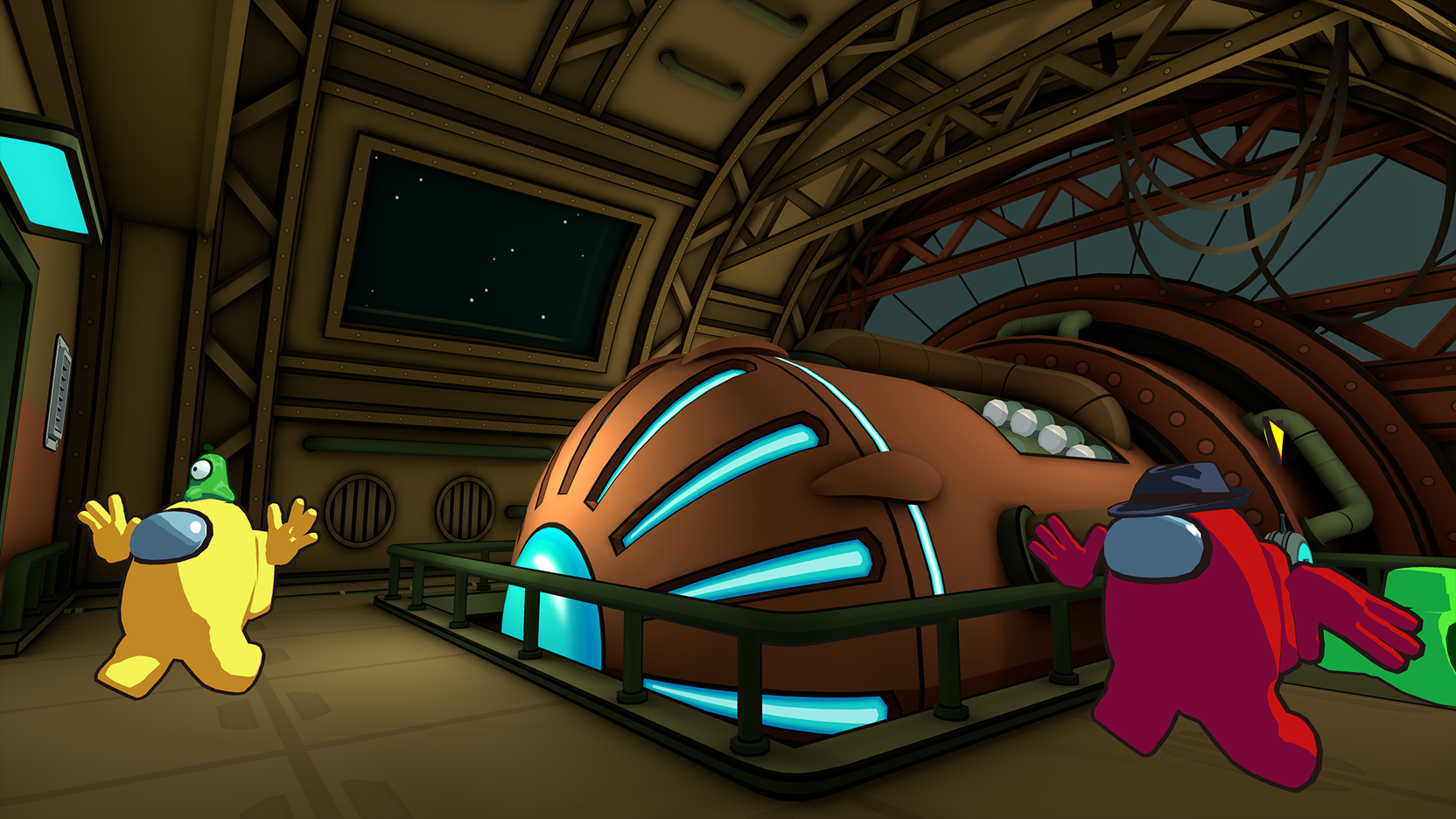 Among Us 3D screenshot of yellow running from red