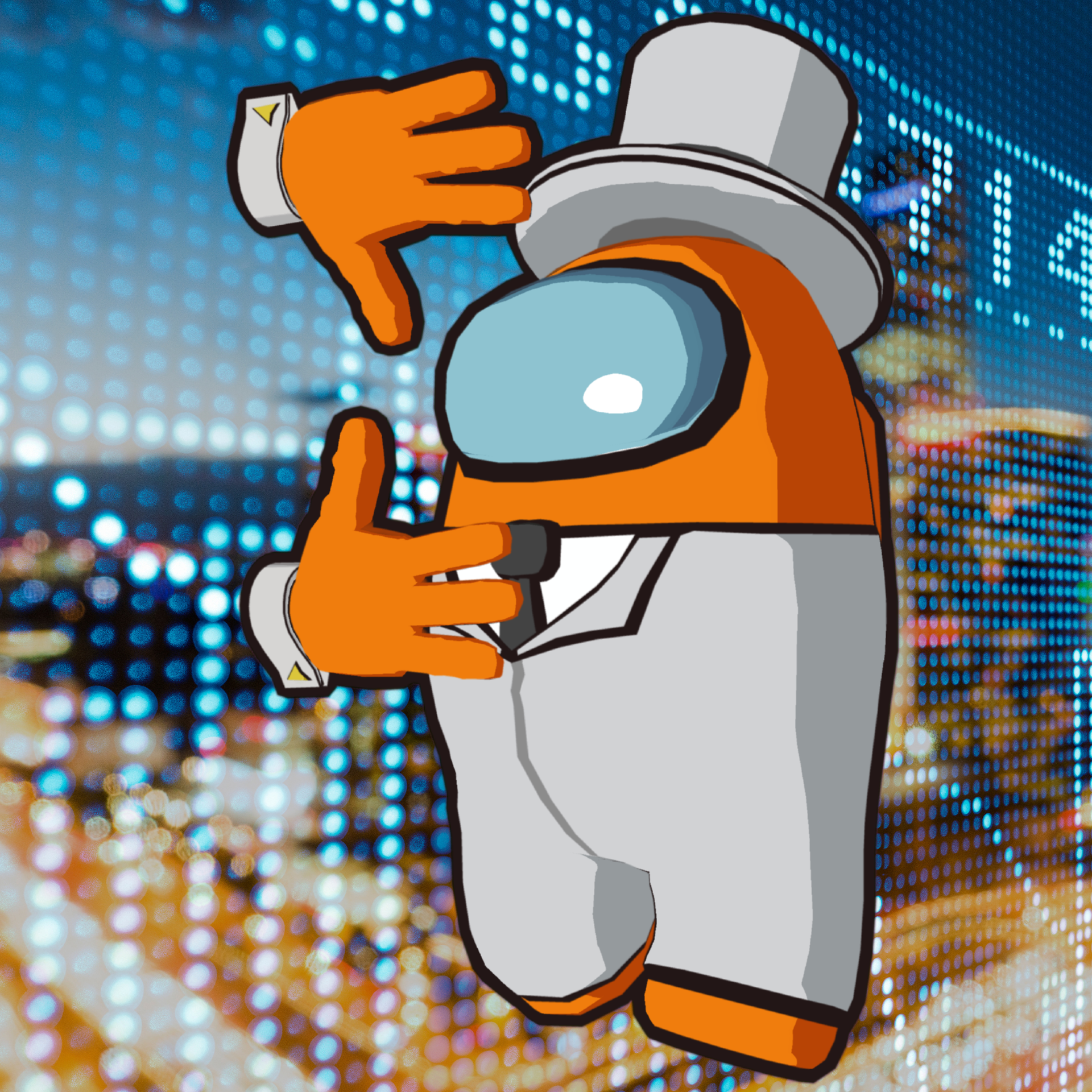 Overdressed white top hat, cufflinks and suit being worn by an orange Bean