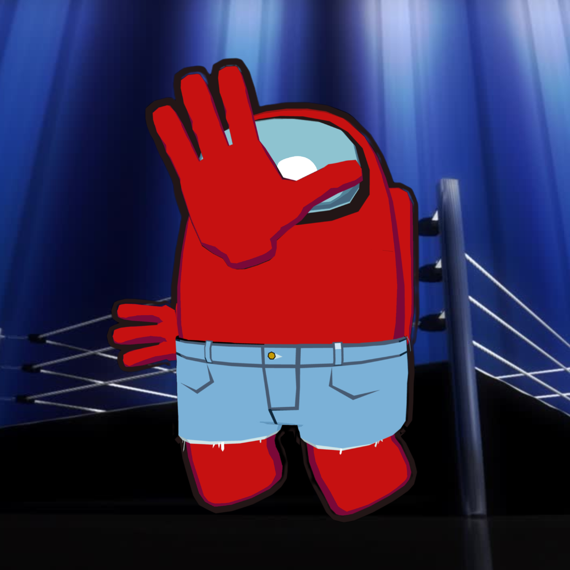 Jorts skin from Among Us 3D being worn by a red Bean in front of a wrestling ring