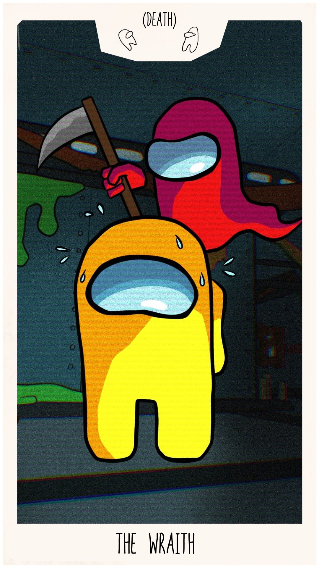 The Wraith modeled after the Death tarot card. Shows a Red Wraith looming over a nervous Yellow Crewmate.