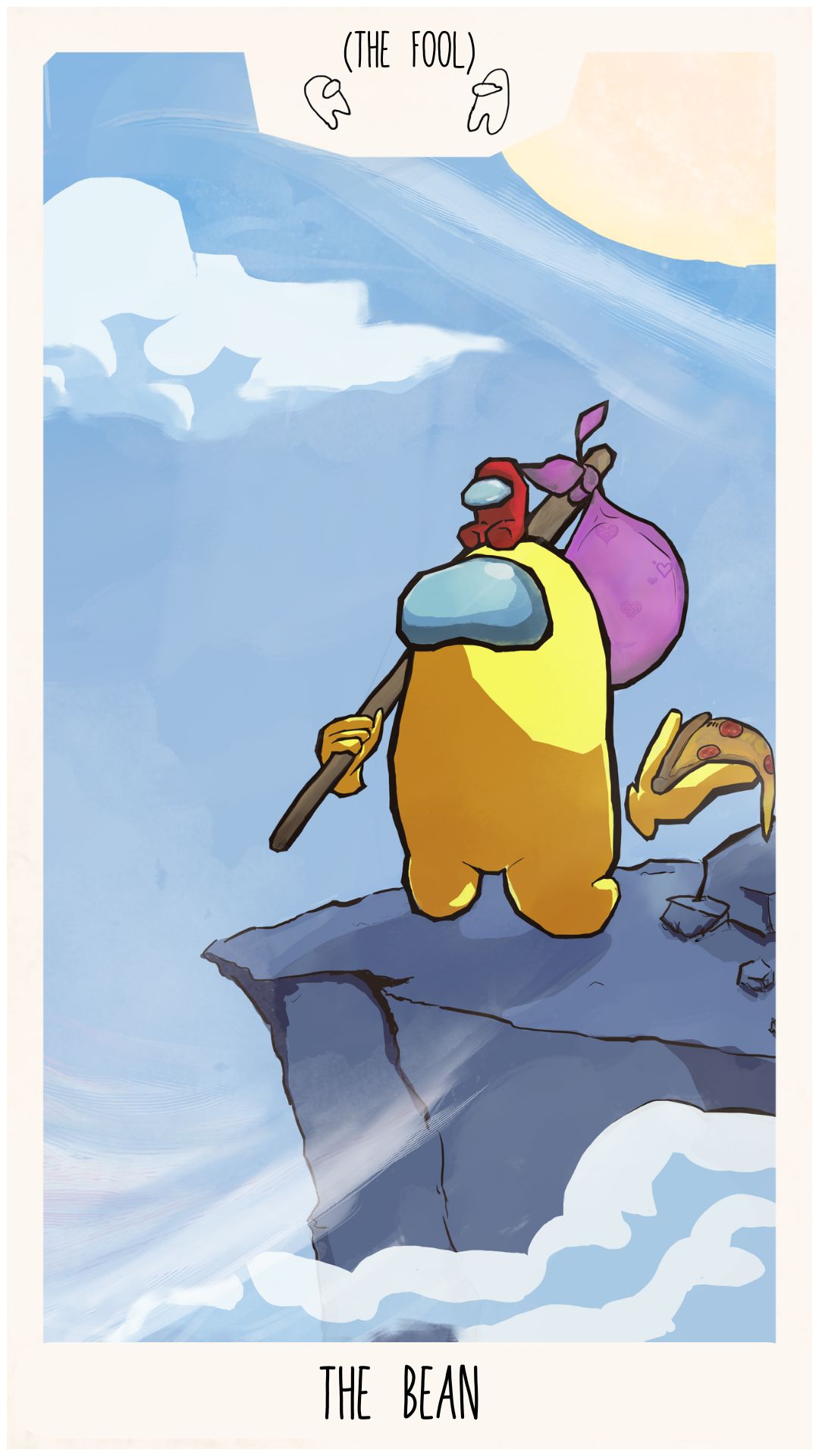 The Bean, modeled after The Fool tarot card. Showing a yellow Bean with a knapsack standing at the edge of a cliff