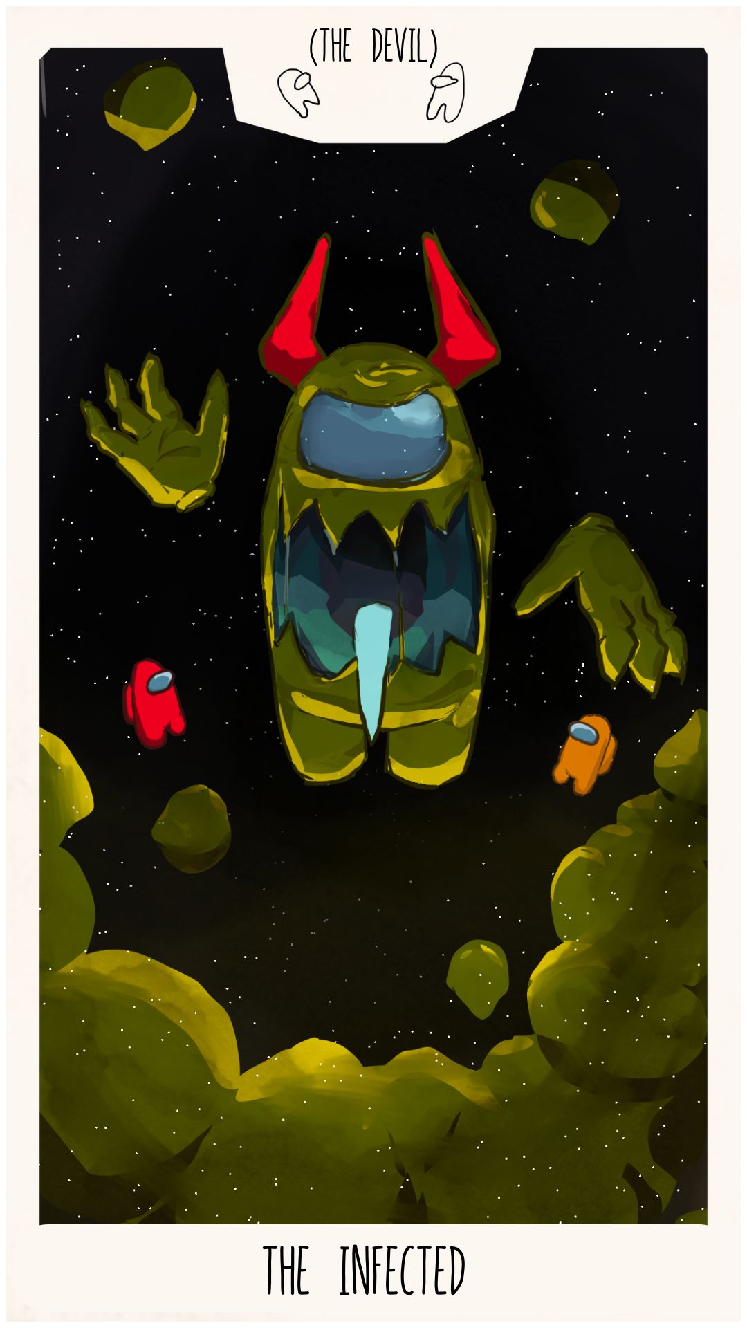The Infected modeled after The Devil tarot card. Shows a green Infected with devil horns in space.