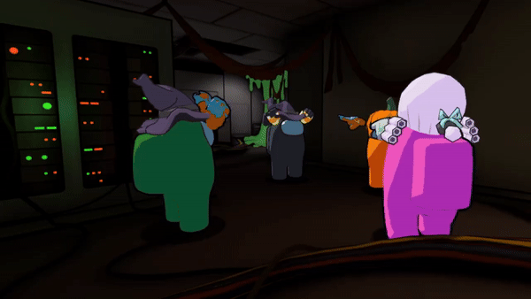 Among Us VR beans emoting in various Bone Bash wardrobe options as an Imposter sneaks into the room.