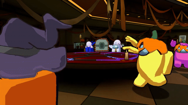 Among Us VR Beans in Halloween hats and gloves attempt to activate the seance table on the Skeld II map.