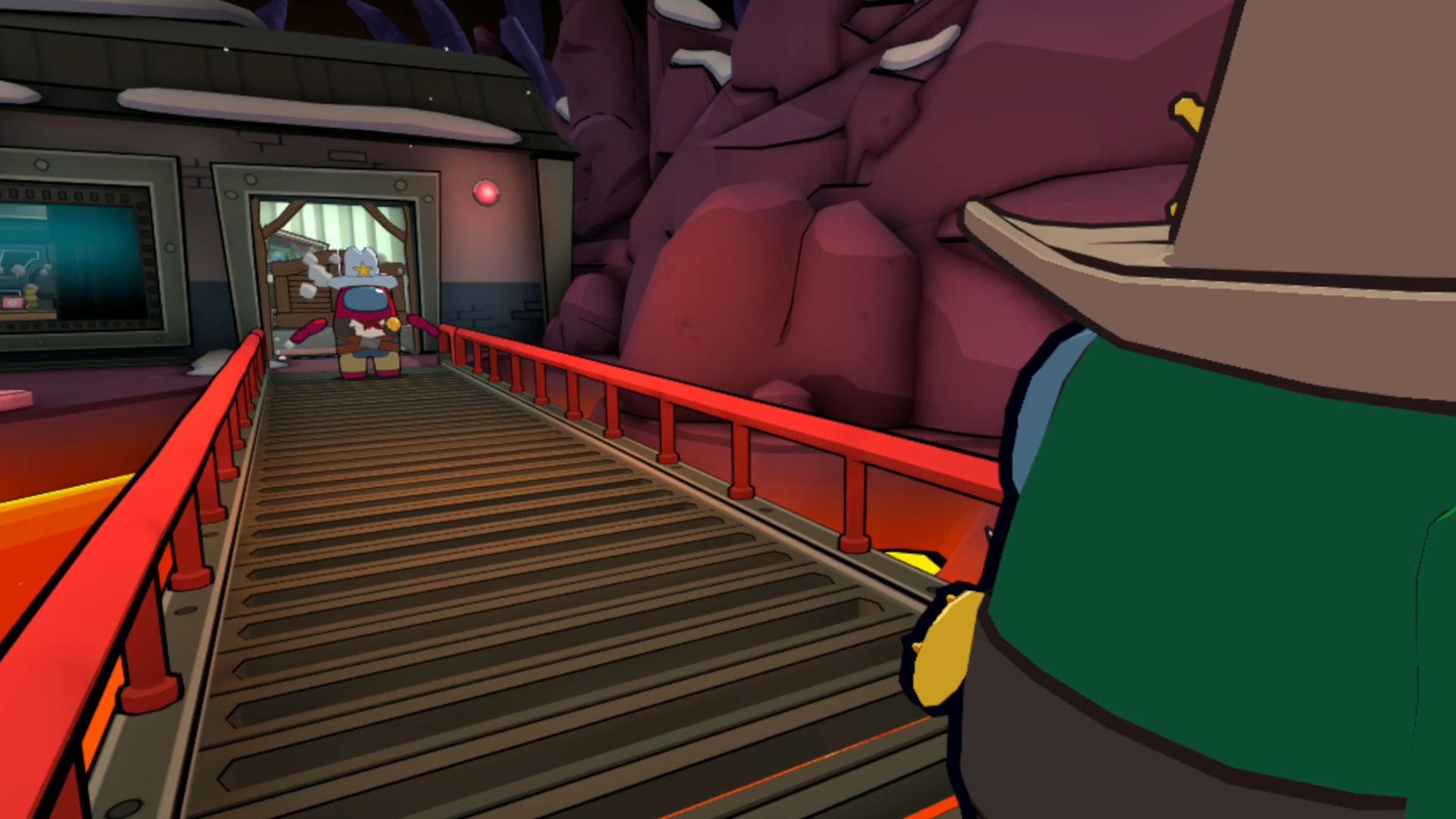 Beans from Among Us VR doing a western standoff