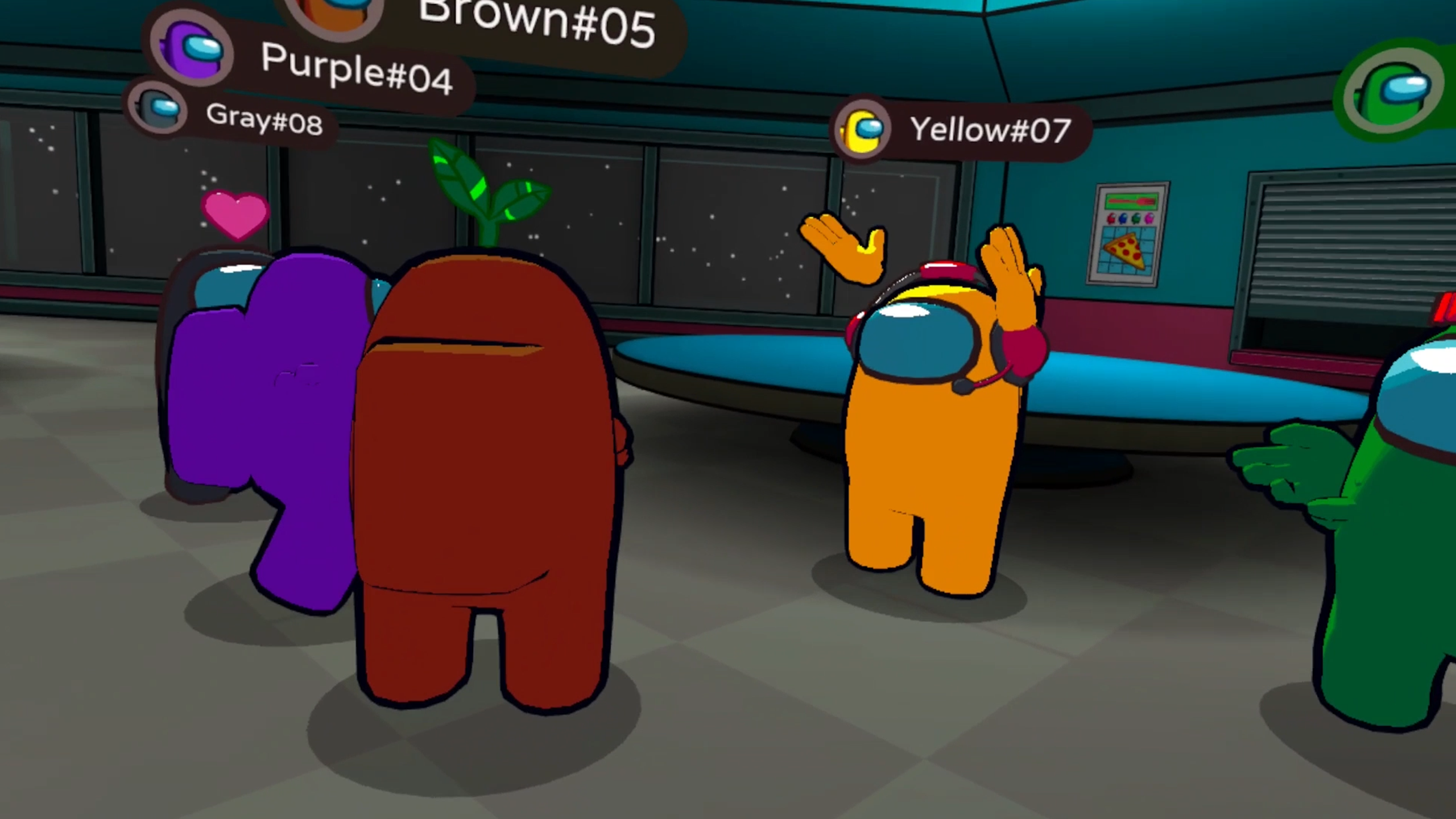 In-game screenshot of Among Us VR showing players having an animated discussion in the Cafeteria portion of the map as they try to deduce who is the killer.