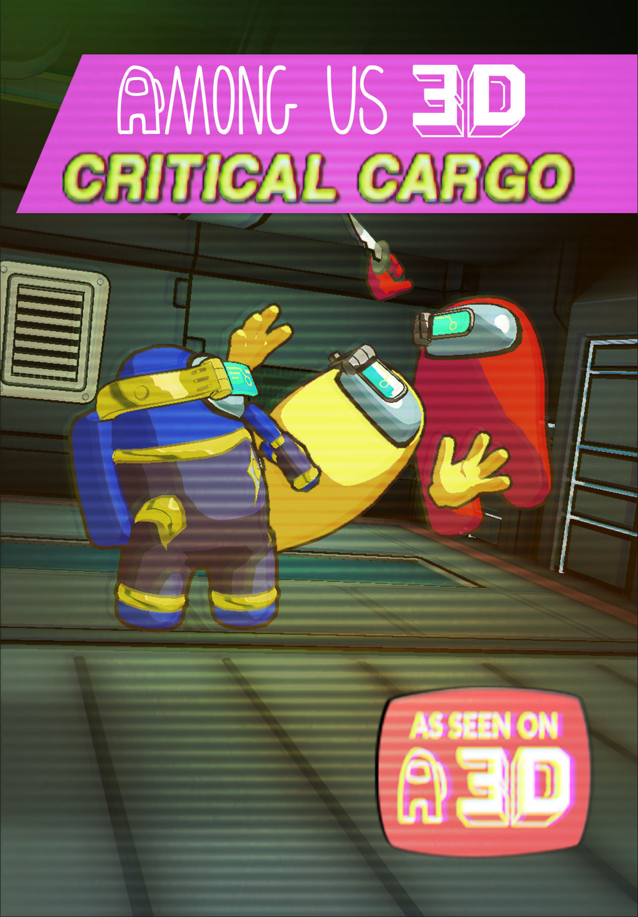 Critical Cargo advertisement showing a VHS-style image of Red stabbing Yellow as Blue watches