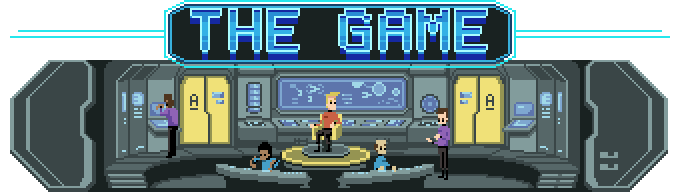 In-game render showing a pixelated starship captain and his crew on the bridge.