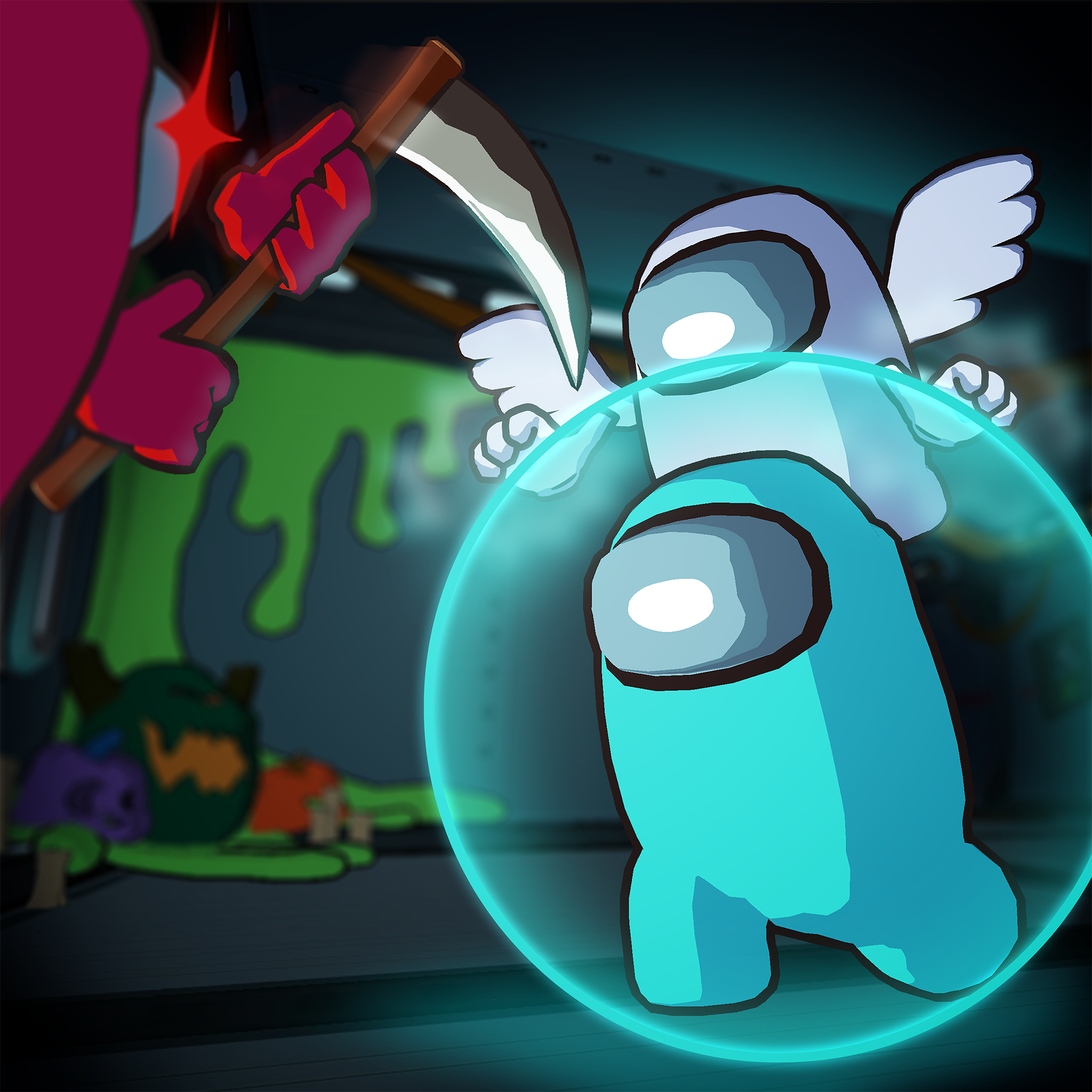 Hint of a new mode and role for Among Us 3D featuring an angel Crewmate protecting a living Crewmate from a devilish Crewmate