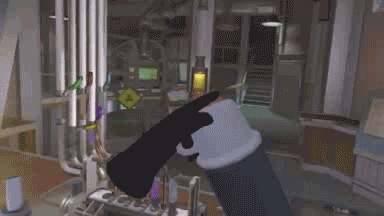 IEYTD player in VR using a coffee mug to break through a pane of glass