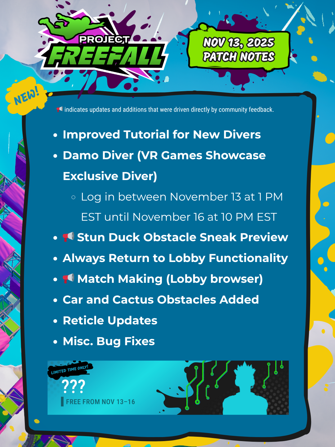 Design element showing all of the updates included in this week's patch, all of which are noted in the text below.
