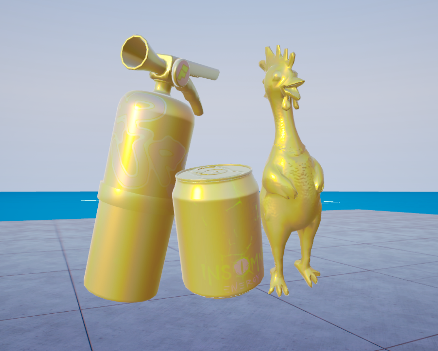 Golden item variant of the rubber chicken, fire extinguisher and surge soda in Project Freefall