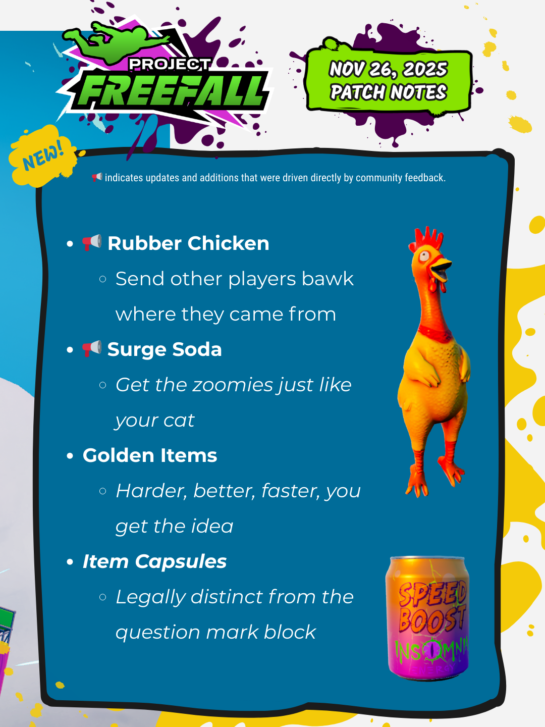 Design element showing all of the updates included in this week's patch, all of which are noted in the text below.