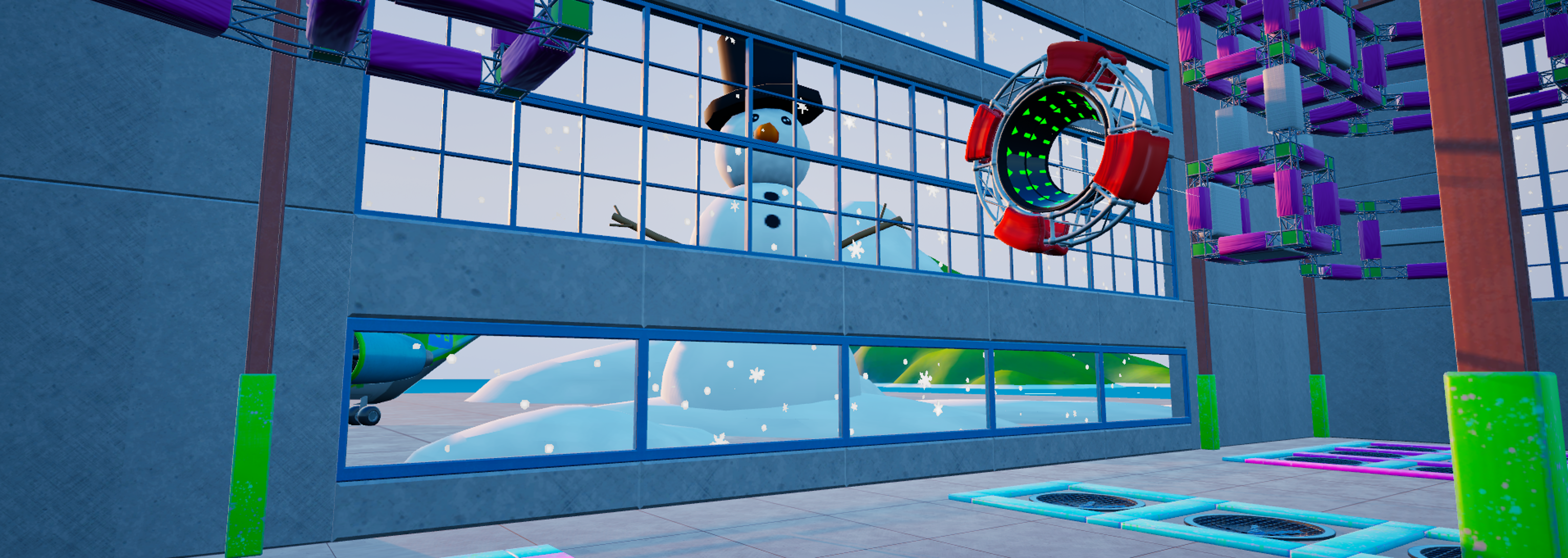 In-game screenshot of the giant snowman and snow visibile out of the window in the Freefall practice lobby