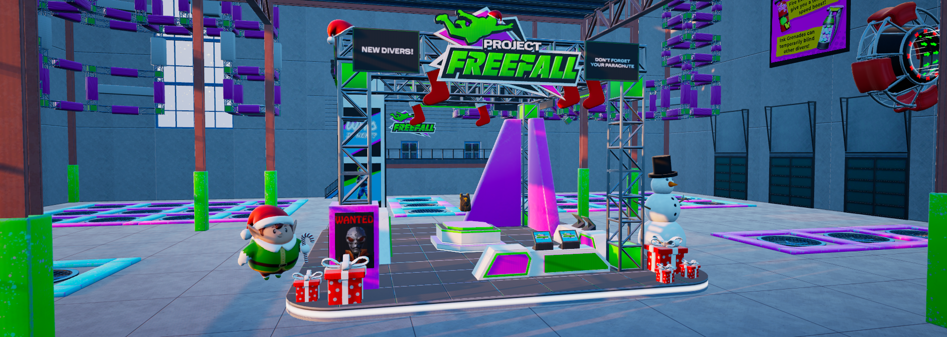 Wide screenshot of the Freefall practice lobby full of holiday decorations