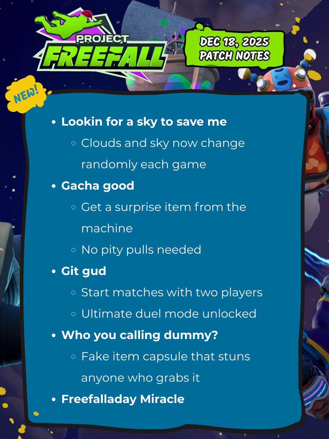 Design element showing all of the updates included in this week's patch, all of which are noted in the text below.