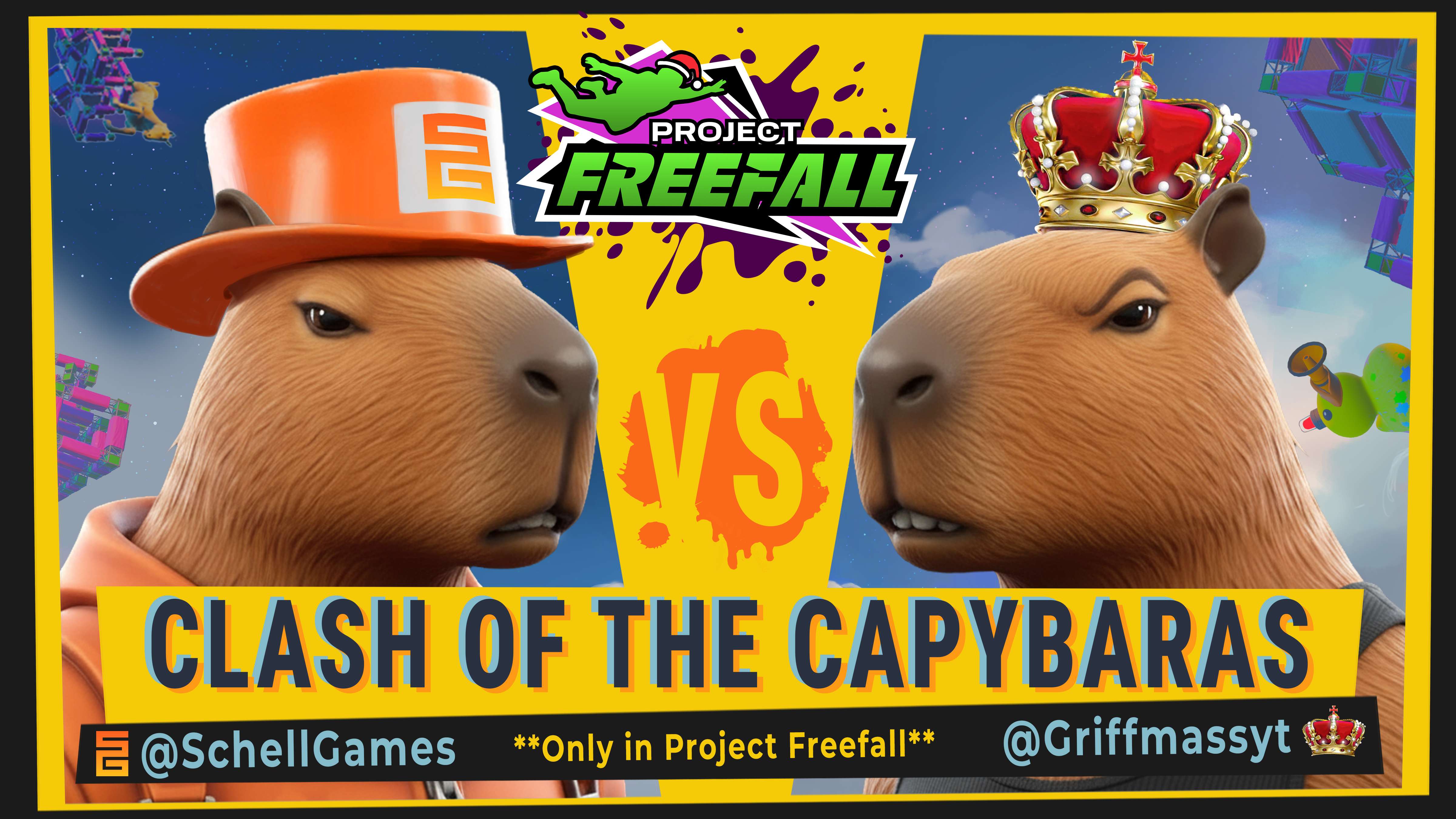 Graphic of a capybara wearing a crown facing off against a capybara wearing a Schell Games hat in Project Freefall