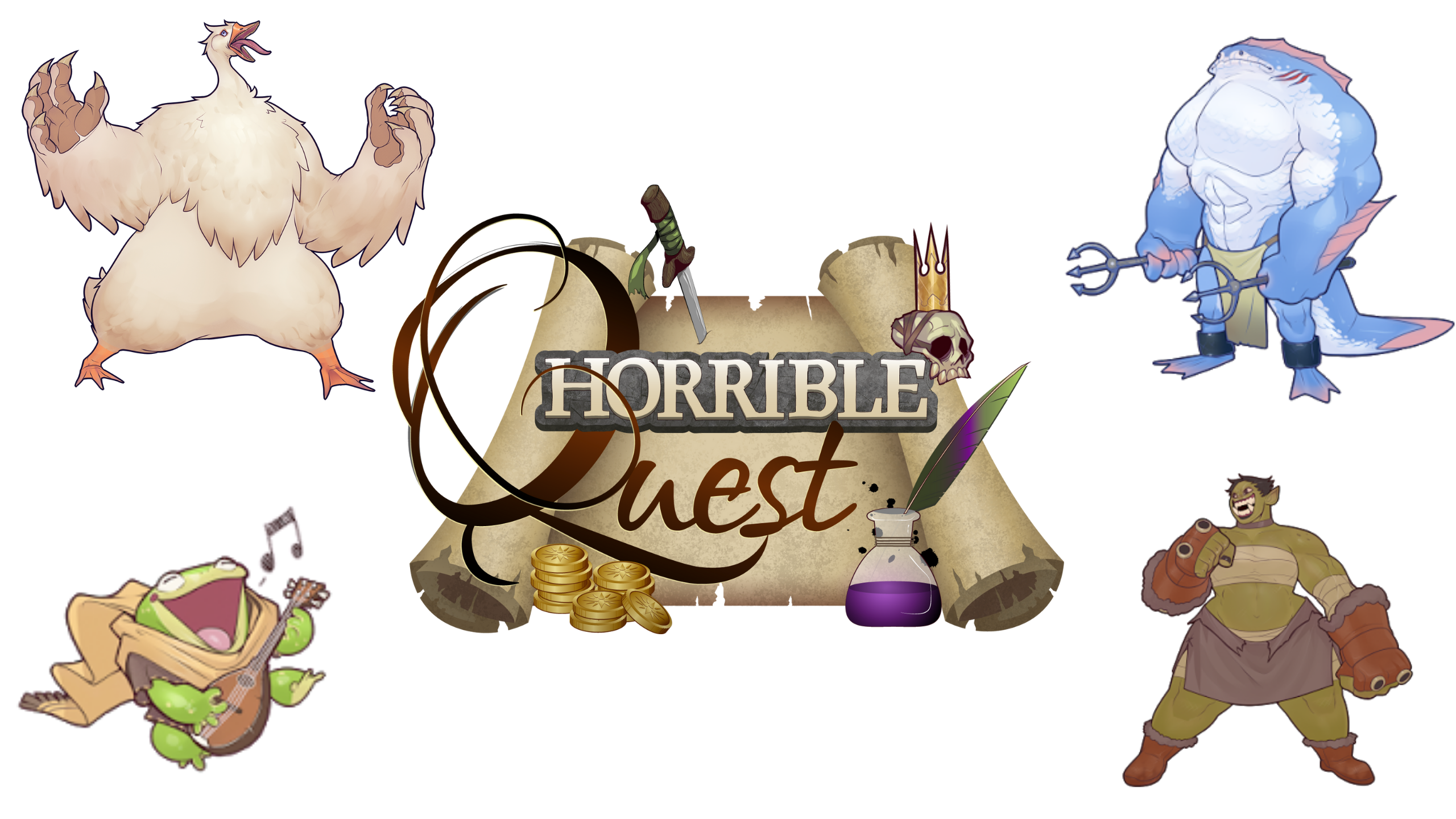 Logo of Horrible quest with a frog bard, goose/bear hybrid and other characters displayed from the game