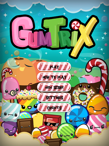 GumTrix Main Menu showing colorful candies and Play, Settings, etc. buttons