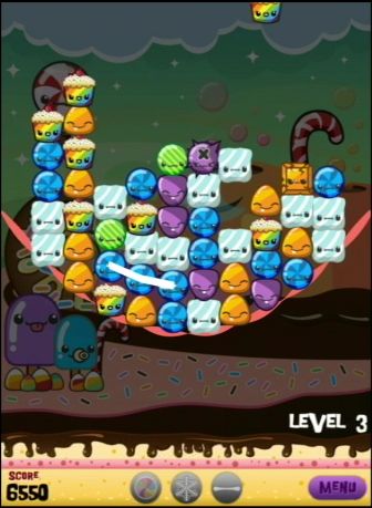 Screenshot of GumTrix showing three blue candies being matched 