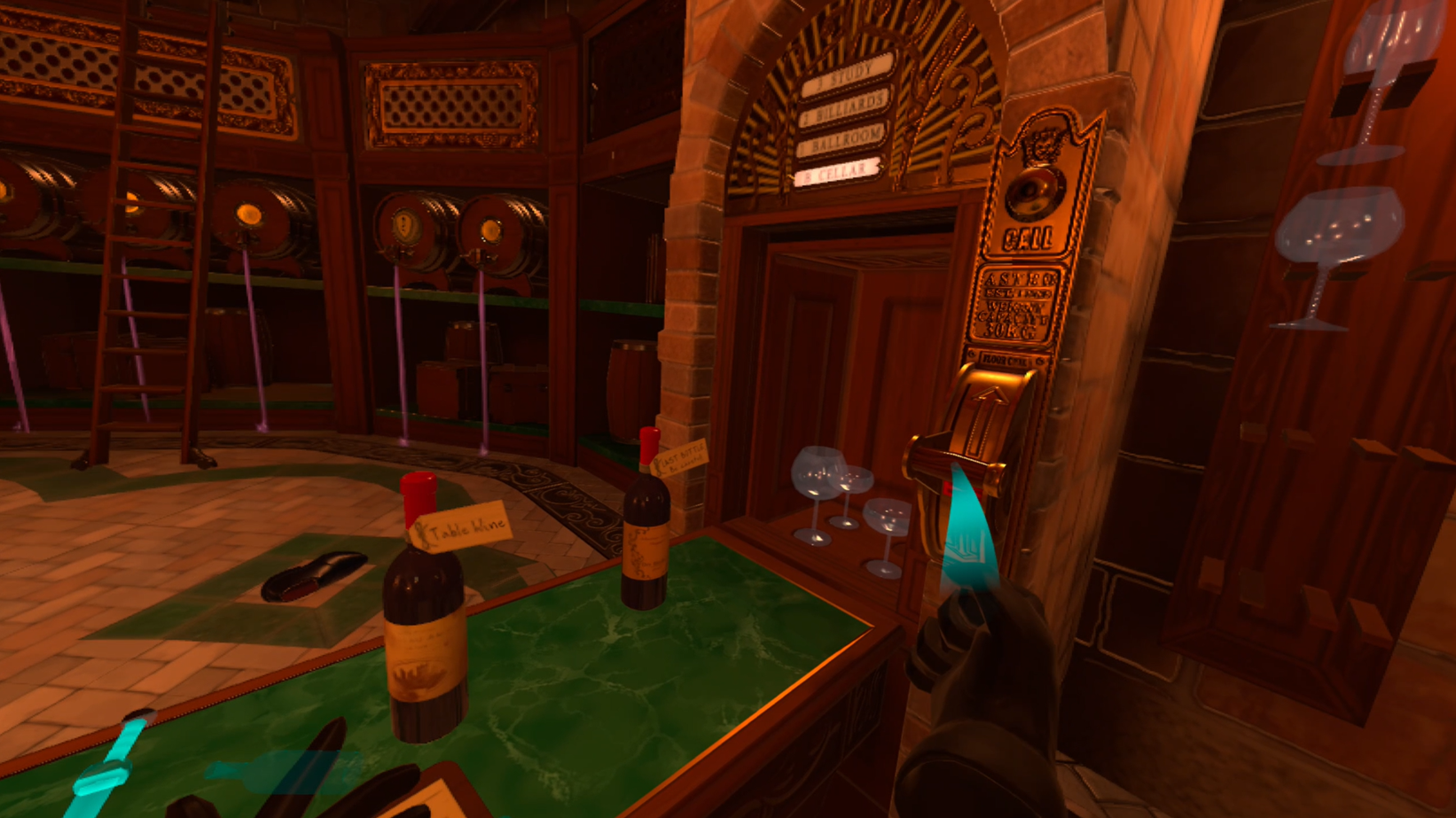 Making mayhem in the wine cellar in the VR game I Expect You To Die 2.