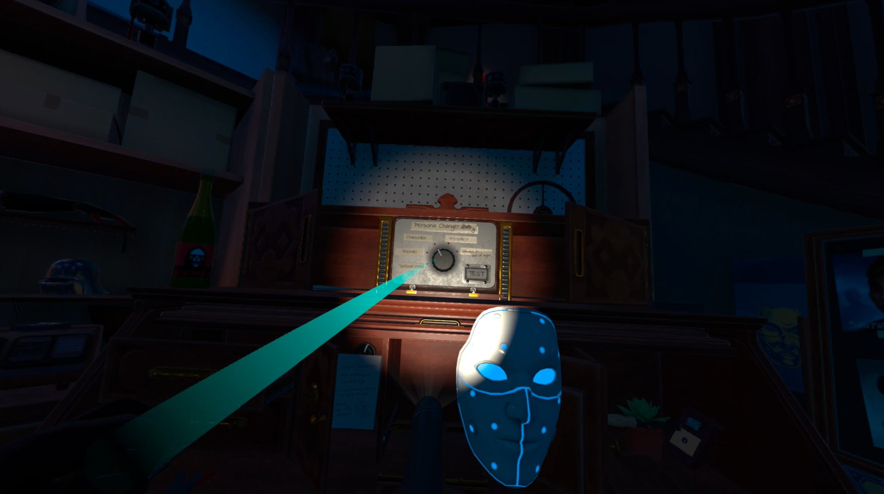 Wearing the mask and selecting the right identity in the VR game I Expect You To Die 2.
