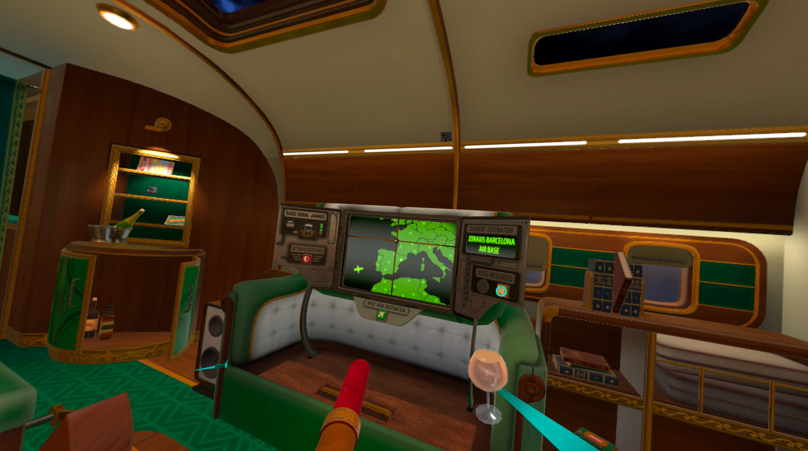 Listening to voicemails aboard the private plane of John Juniper in the VR game I Expect You To Die 2.