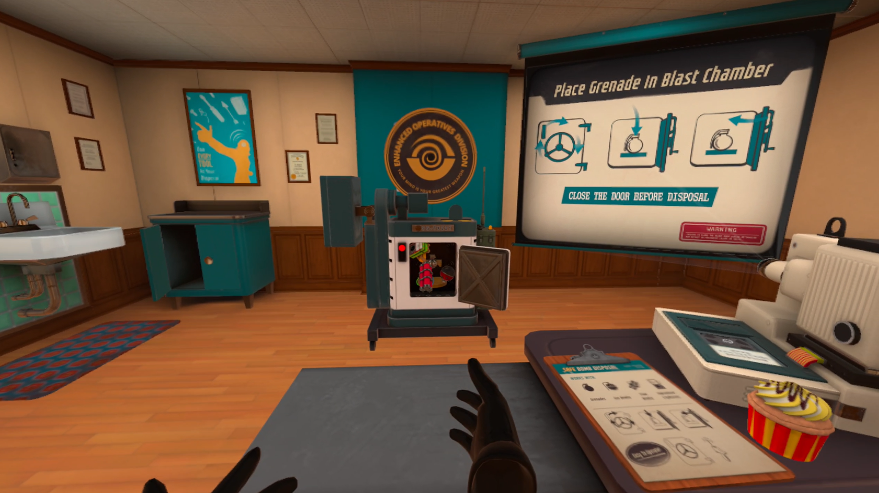 Loading four bombs into a device in the VR game I Expect You To Die 2.