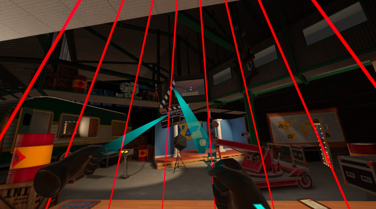 Using the clapper to distract John Juniper in the VR game I Expect You To Die 2.