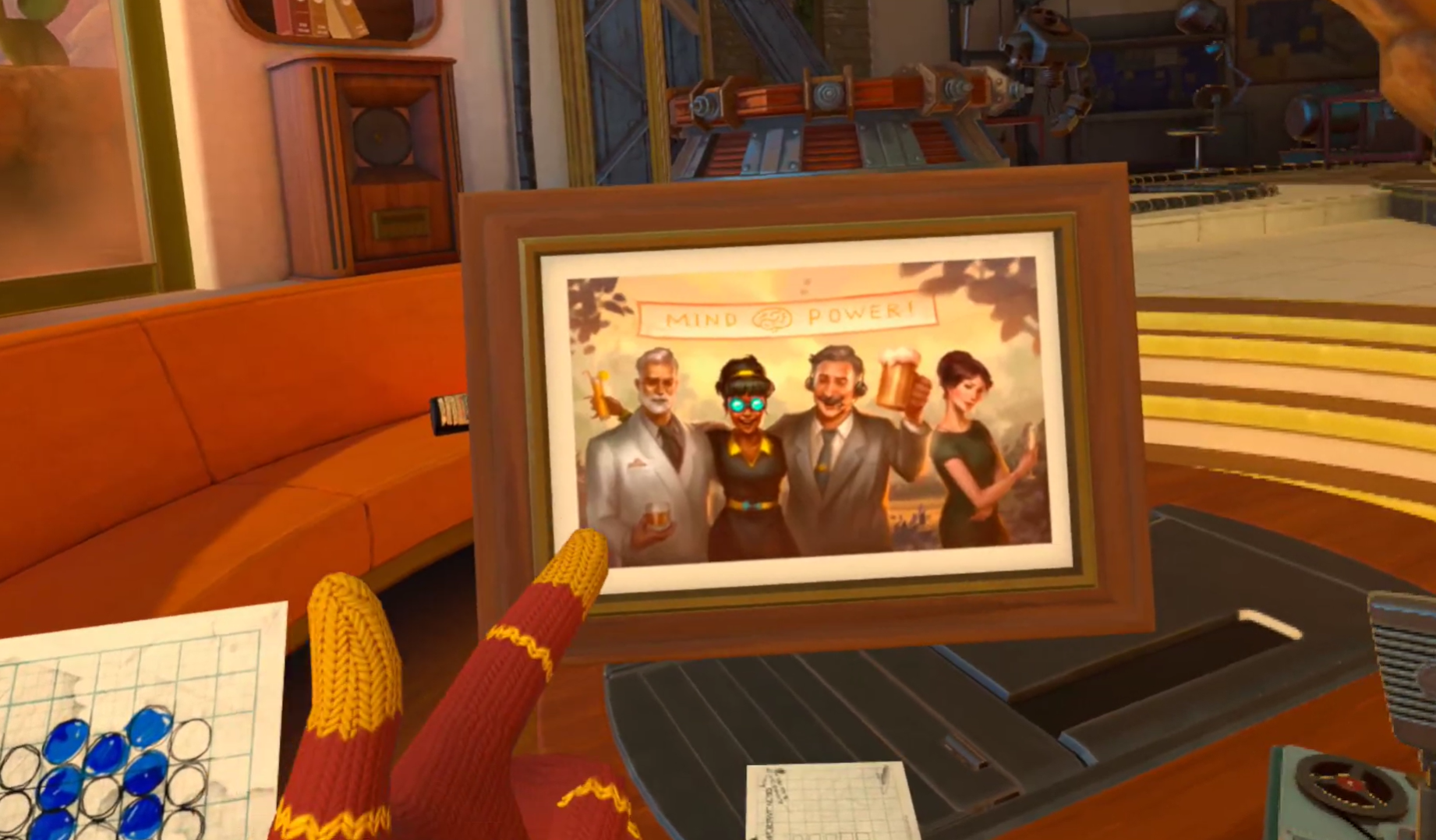 Screenshot of I Expect You To Die 3: Cog In The Machine showing a group photo featuring Prism and The Handler