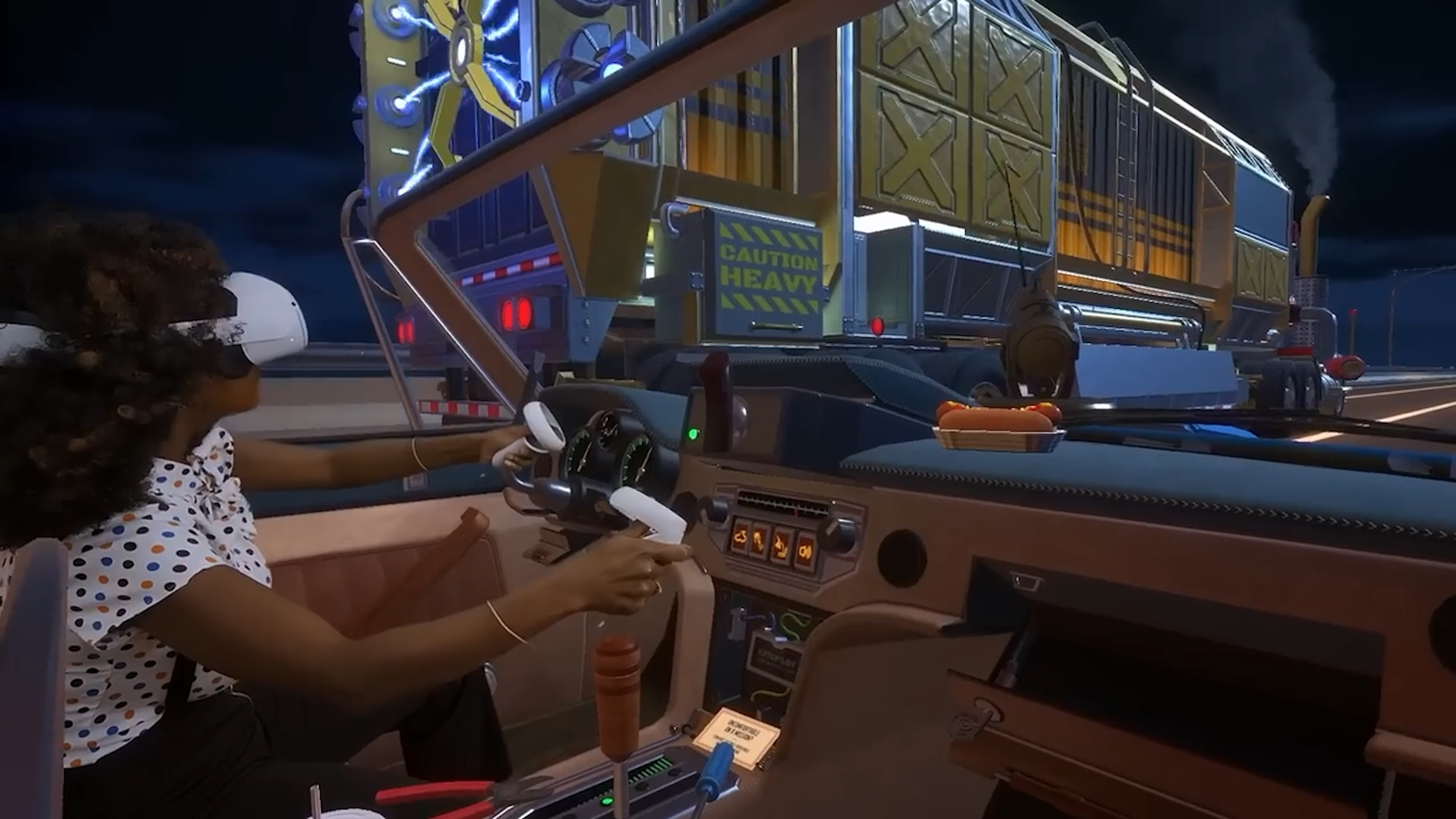 Mixed reality of a woman playing a Driving mission in I Expect You To Die 3
