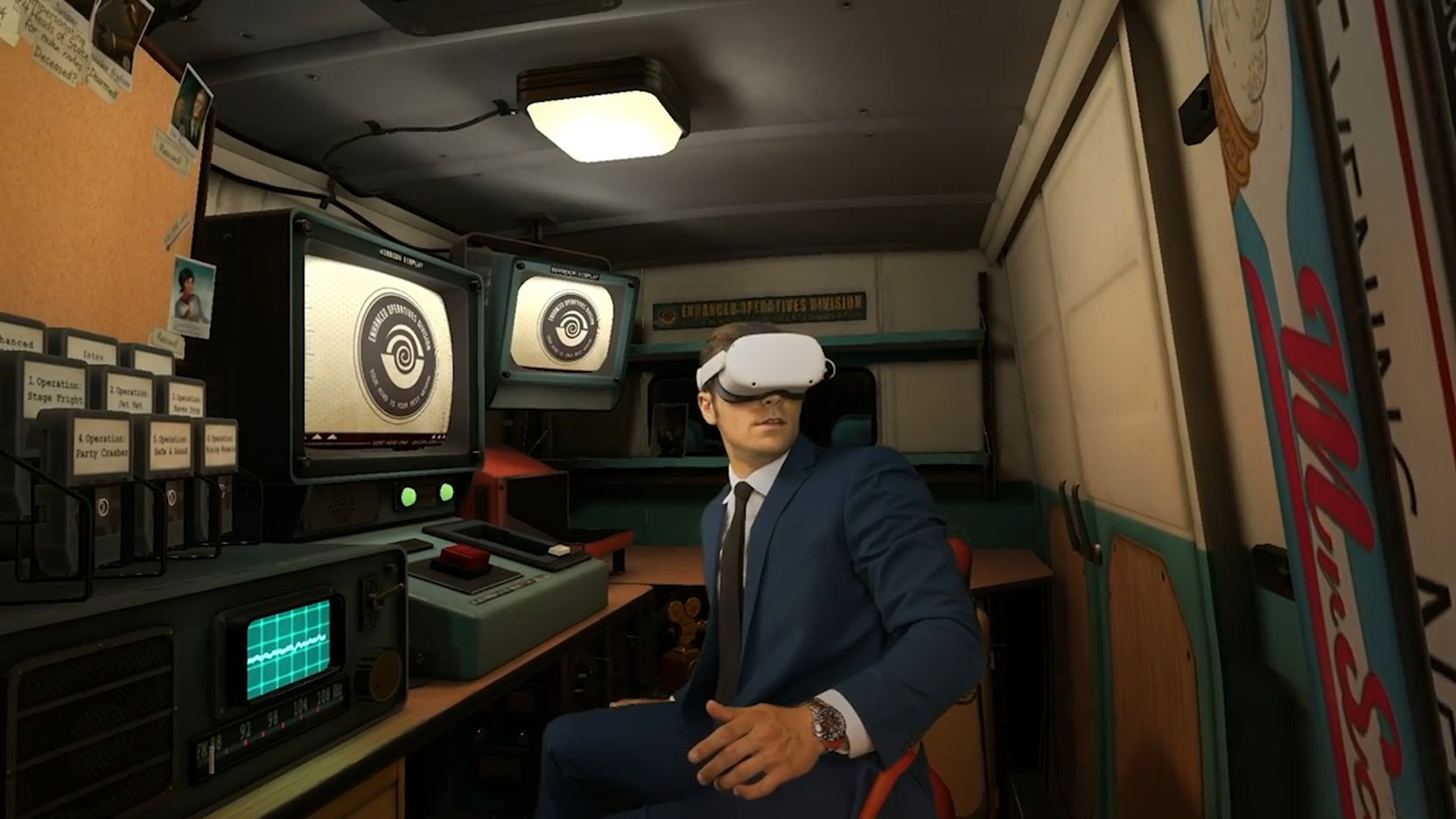 Mixed reality of a headset-wearing person in the hub of I Expect You To Die 2