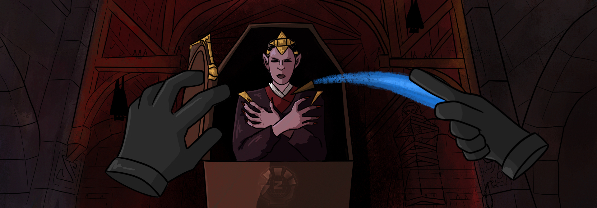 Silent Slayer artwork featuring an Agency secret agent using telekinesis to stake a vampire