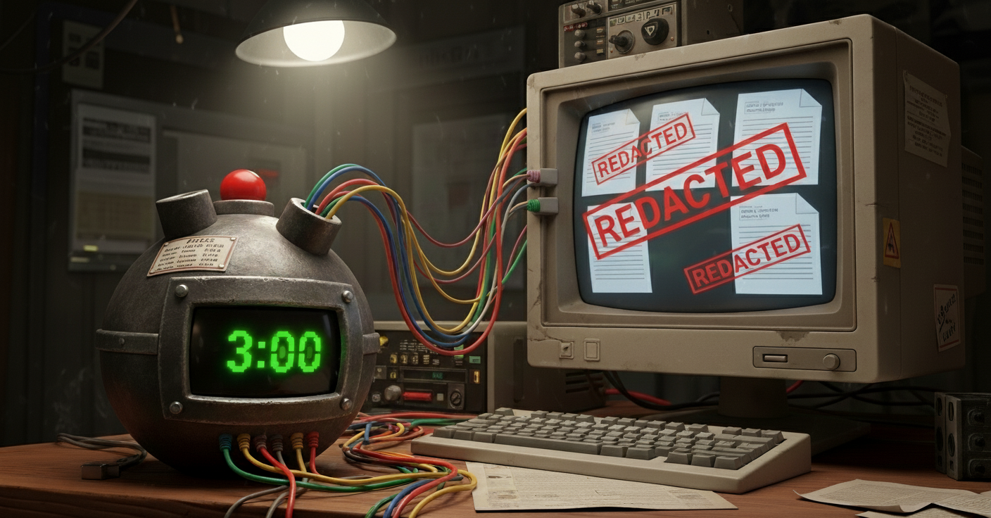 Rendering of a bomb attached to a computer loaded with redacted files