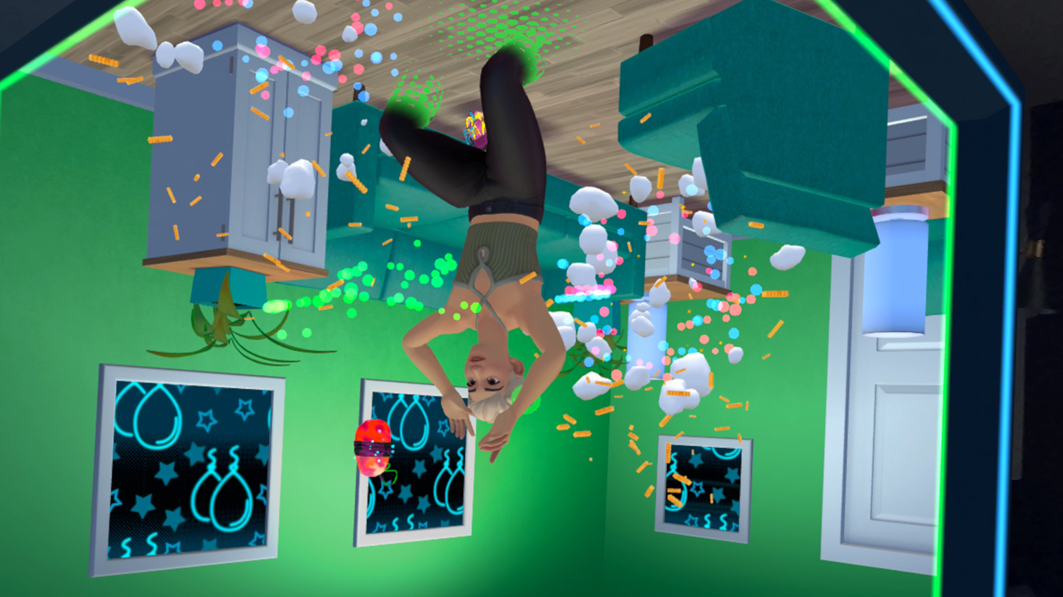 Virutal reality screenshot of explosions happening in the Hot Potato minigame of Party Versus