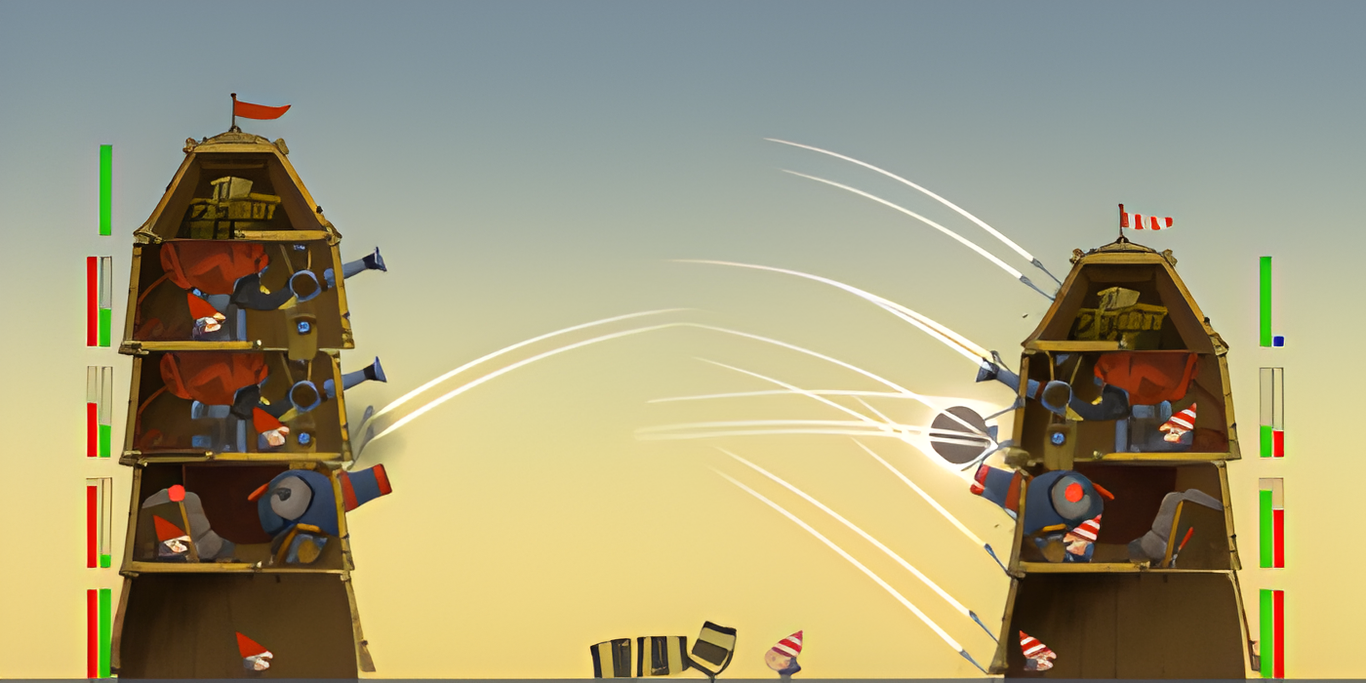 Siege Force 5 screenshot showing two two siege towers full of gnomes blasting each other with cannons