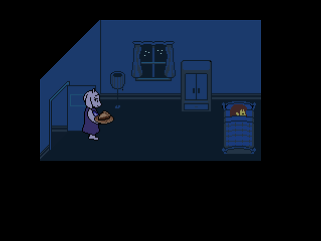 Toriel presenting a slice of a piece to a sleeping Player Character at the end of the true pacifist route